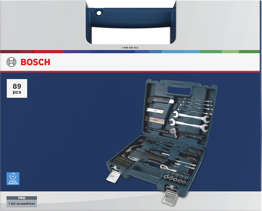مجموعة أدوات يدوية متنوعة من Bosch ، 89 قطعة، في علبة زرقاء.